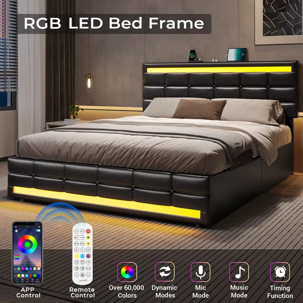 Queen Size LED Leather Bed Frame with Storage and Charging Station