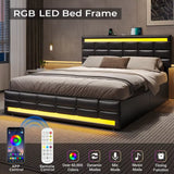 Queen Size LED Leather Bed Frame with Storage and Charging Station