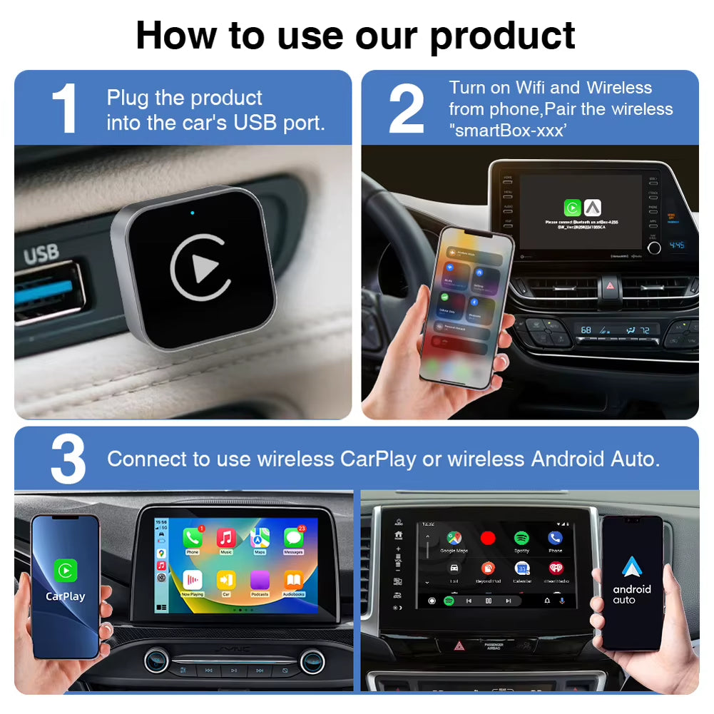 2 in 1 Wireless Carplay Android Auto Adapter Carplay AI Box Auto Connect Wireless Carplay Adapter for Factory Wired Carplay Cars