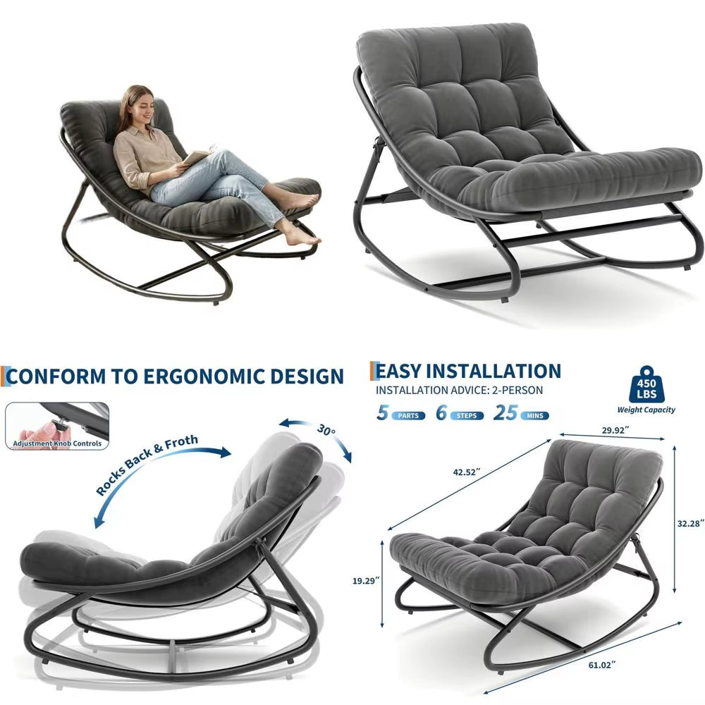 Metal Frame Outdoor Papasan Rocking Chair with Waterproof Cushion, 450Lbs, Ideal for Patio, Porch, Garden, Living Room, Dark Gre