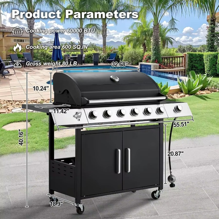 60000 BTU Stainless Steel 6 Burner Propane BBQ Grill with Side Stove Cast Iron Grates for Patio Camping Outdoor Cooking in Blac