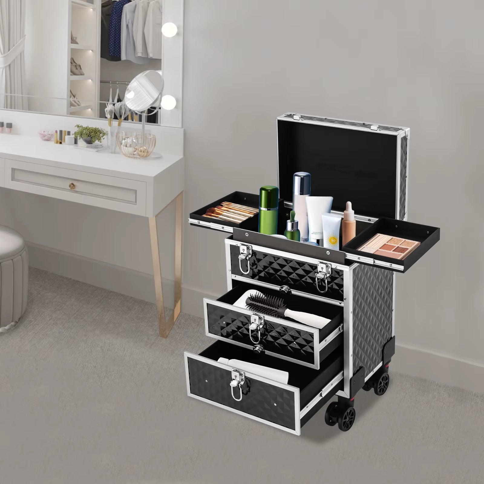 Professional Rolling Makeup Case Large Capacity Aluminum Trolley Case Portable Multifunctional Makeup Case with Drawers