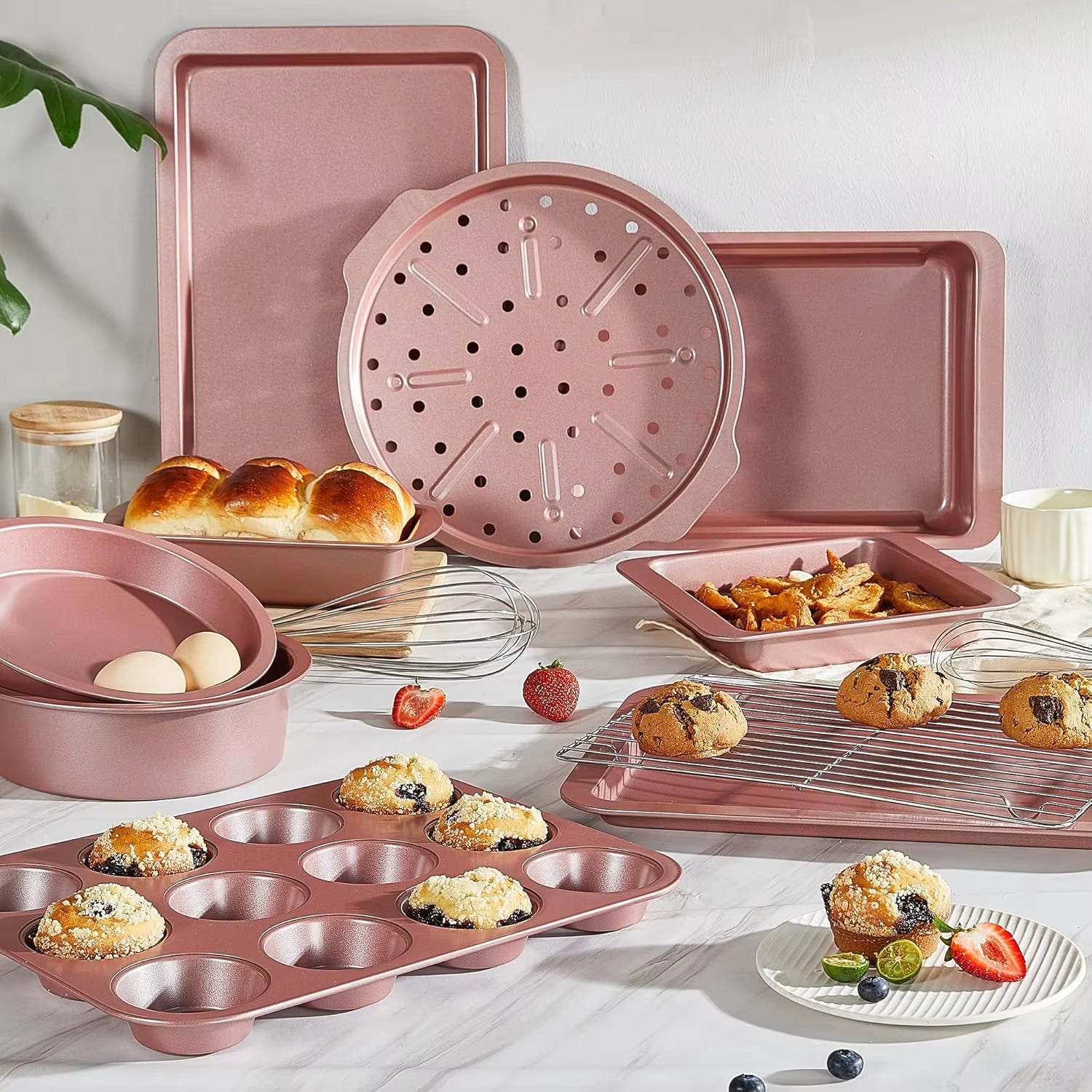 10-Piece Nonstick Baking Pan Set with Cooling Rack, Cookie Sheet, Cake Pans, Loaf & Muffin Pan - Pink