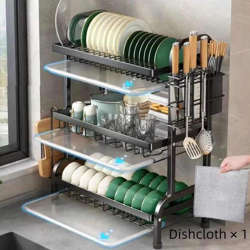 Dish Drying Rack, 3-Tier Space-Saving Dish Rack for Kitchen Counter, Metal Kitchen Organizers and Storage Rack, Large Capacity D