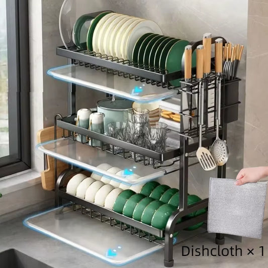 Dish Drying Rack, 3-Tier Space-Saving Dish Rack for Kitchen Counter, Metal Kitchen Organizers and Storage Rack, Large Capacity D