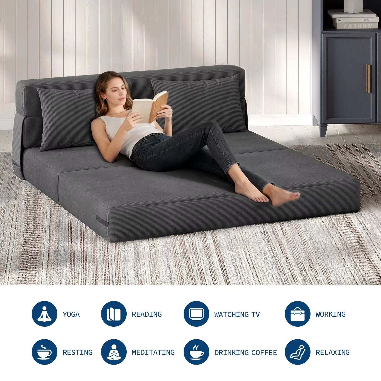 4-In-1 Folding Sofa Bed Convertible Sleeper Soft Corduroy Loveseat Couch with Pillow Space-Saving Fold Out Chair Bed for Room