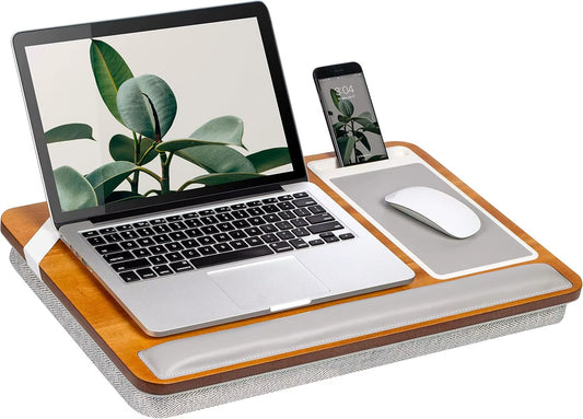 Acacia Wood Lap Desk with Integrated Wrist Rest, Mouse Pad, and Phone Holder - Accommodates 15.6 Inch Laptops - Natural Finish