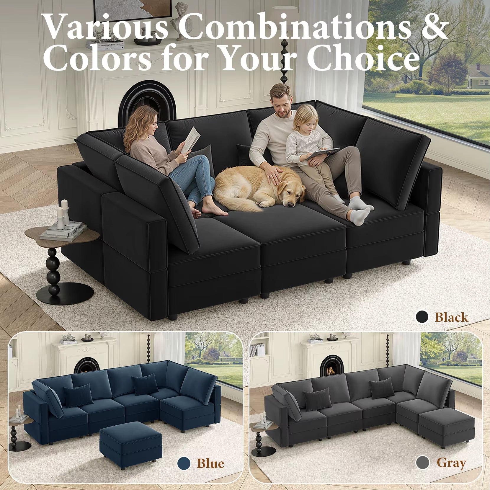 Modular Sectional Sofa with Storage Convertible Couch Sleeper with Chaise Velvet Living Room Decor Couch Set Modern Design Black