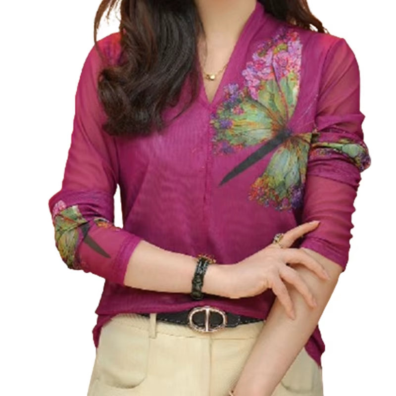 Elegant Fashion Harajuku Slim Fit All Match Blouse Color Blocking V Neck Long Sleeve Tops Women Loose Casual Female Clothes