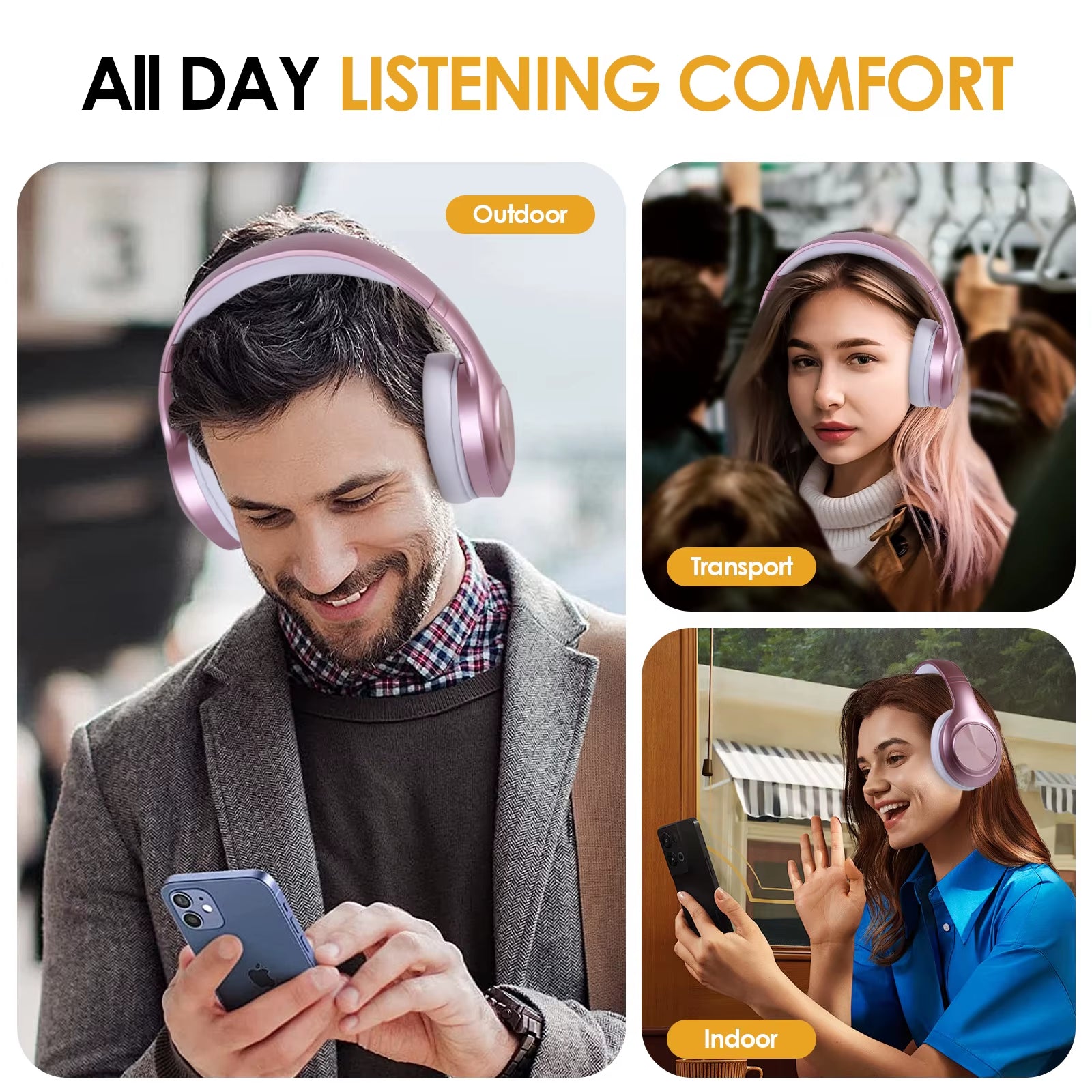 JH-923 Foldable Bluetooth Headsets Wireless Headphones over Ear 3EQ Sound Modes Hi-Res Audio with Mic Deep Bass Rose Red