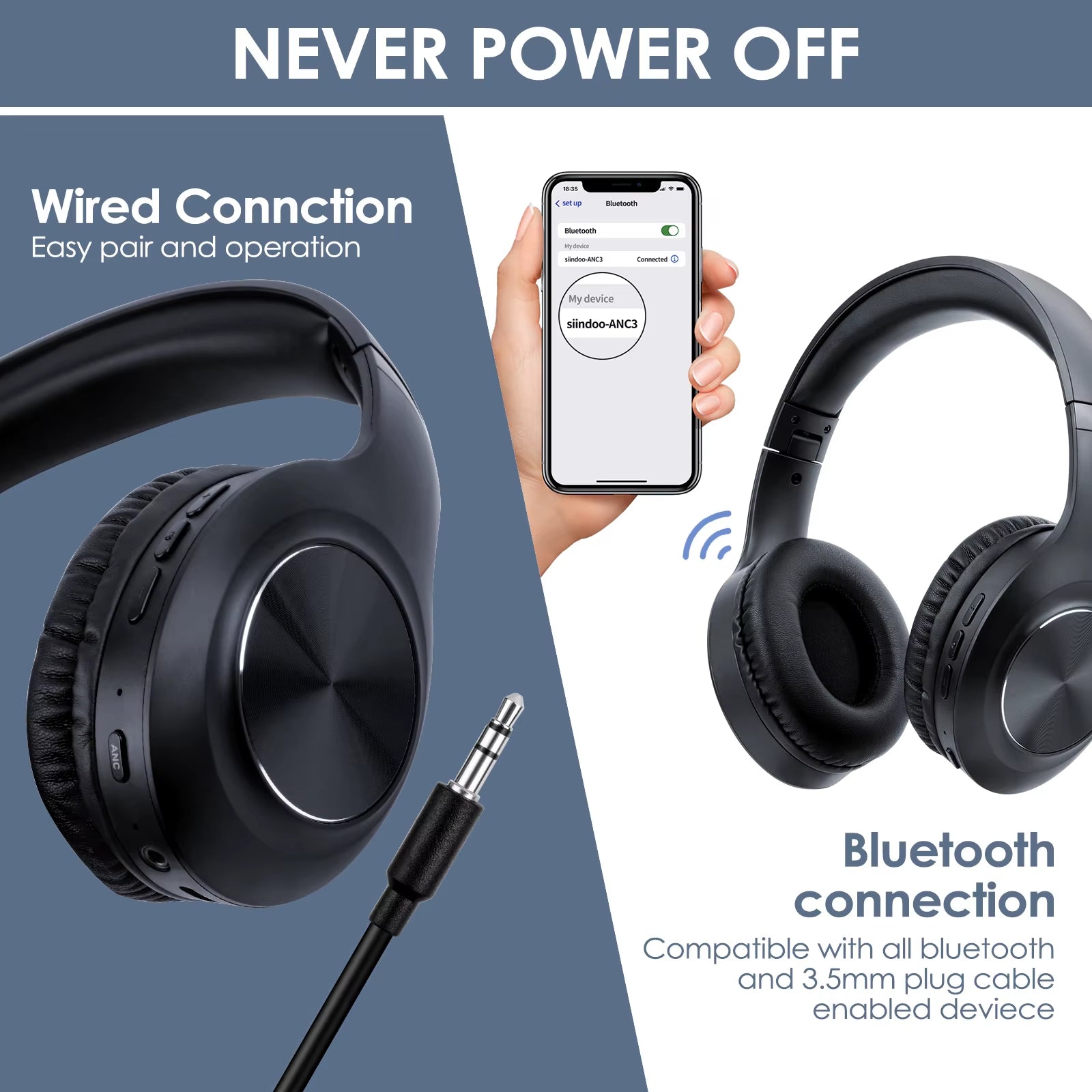 JH-ANC923 Active Noise Cancelling Wireless Headset Foldable Over-Ear Bluetooth Headphones with Mic Hifi Stereo Deep Bass