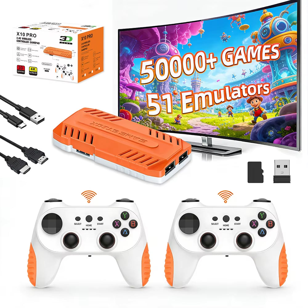 X10 Pro Retro Game Stick 4K Video Game Console 50000+ Games,51+Emulators,Hd Output 2 Wireless Controllers,Plug and Play Computer