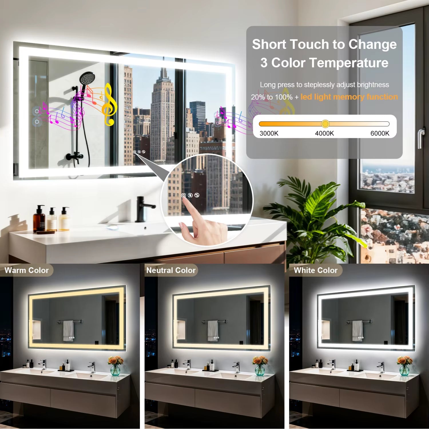 50/60/100/120CM LED Bathroom Mirror with Bluetooth Speaker 3 Colors Dimmable Tempered Glass Waterproof Backlight Vanity Mirror