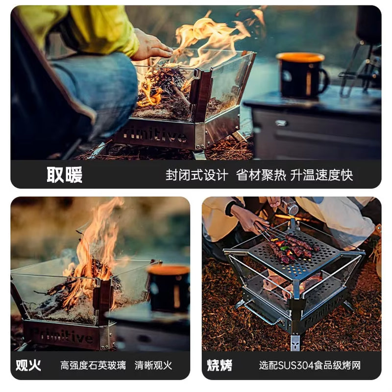 Outdoor Camping Foldable Glass Firewood Stove Winter Portable Folding Stainless Steel Burning Heating Bonfire Stove