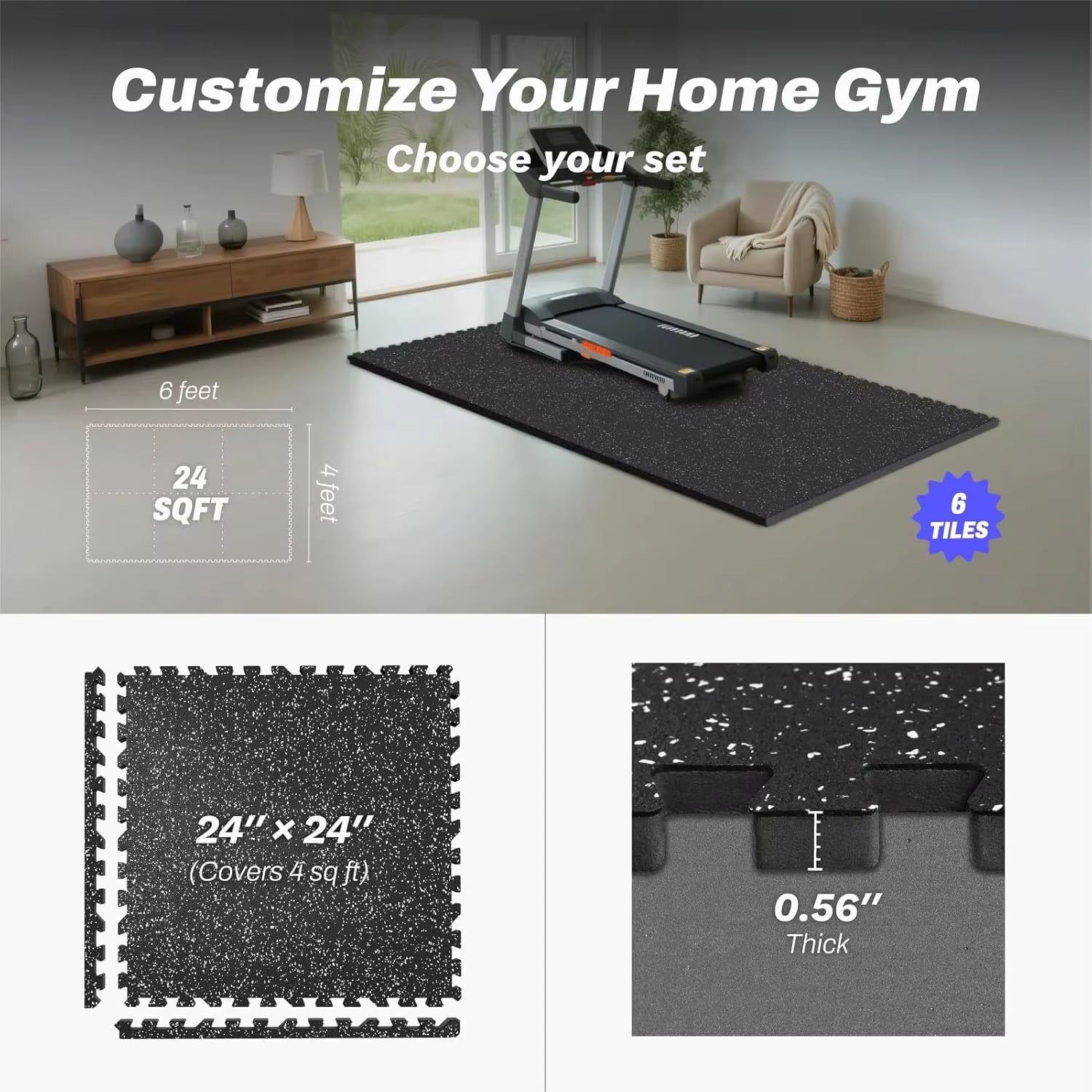 24 Sq Ft Interlocking Gym Floor Mats, 6 Tiles with Rubber Top & EVA Foam for Home Workouts