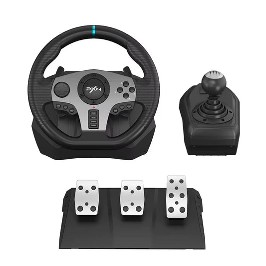 Universal USB Sim Racing Steering Wheel with 3-Pedals and Shifter, 270/900 Degree Adjustable for PC, Xbox, PS4, Switch Gaming