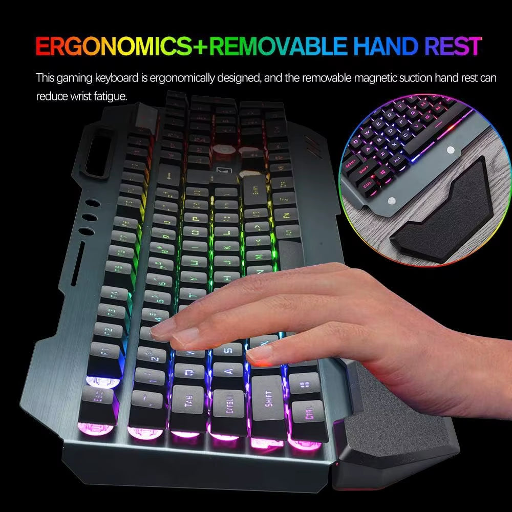 K680 Wireless Gaming Keyboard and Mouse Combo,Rainbow LED Backlit Keyboard with Rechargeable 3800Mah Battery Metal Panel