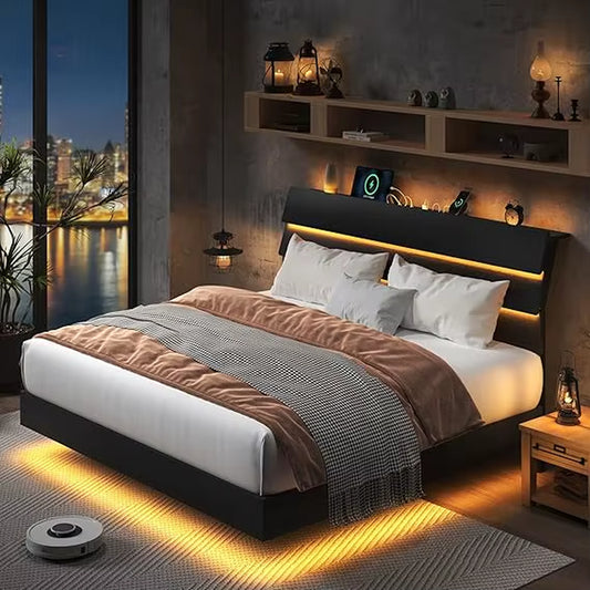 Feonase Floating Bed Frame King with Led Lights & Charging Station, Wood Full Size Bed Frame with Storage Headboard, Heavy Duty