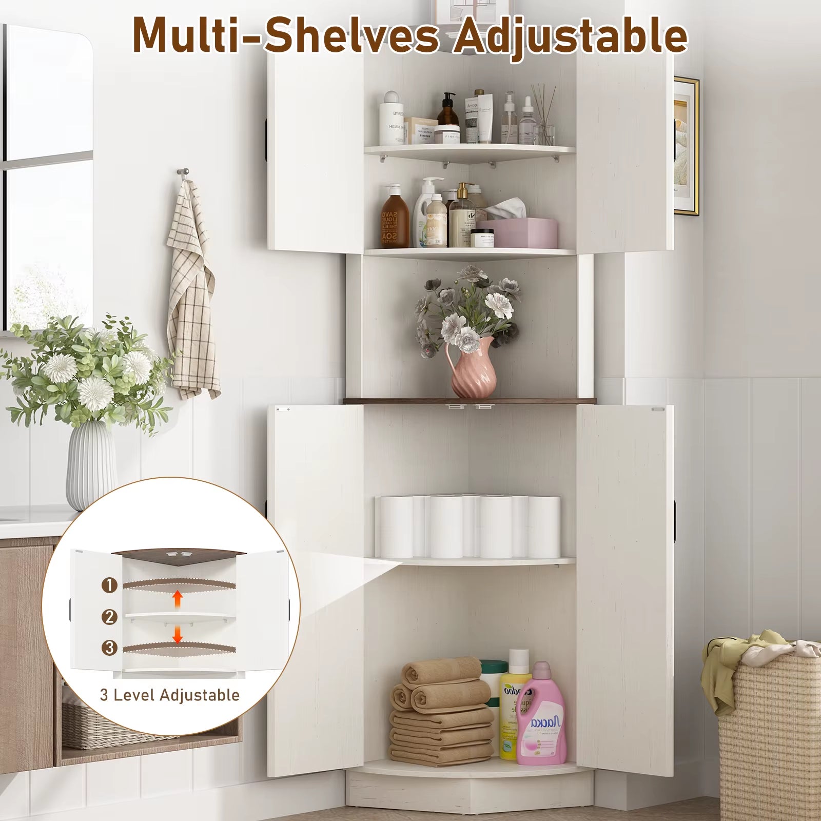 Bathroom Storage Tall Cabinet with Doors, 67" Corner Storage Cabinet with Barn Doors and Adjustable Shelf for Kitchen Bathroom