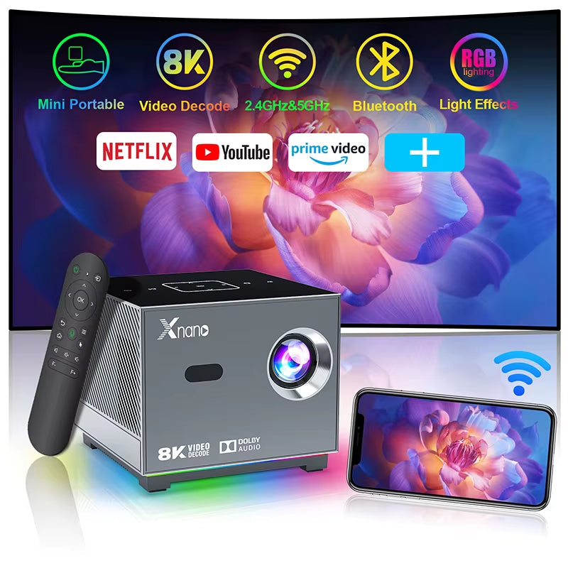 300ANSI Projector 8K/4K Wifi 5G Voice Remote Portable Smart Movie Projector with LED Lighting BT5.0 Bulit-In More App