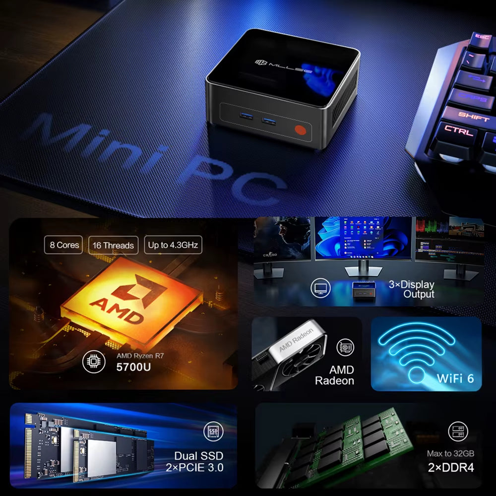 MLLSE G1 Pro Mini PC  Ryzen7 5700U DDR4 16GB RAM 512GB SSD Wifi6 BT5.2 Windows 11 Pro Mini Desktop Computer Gaming Work