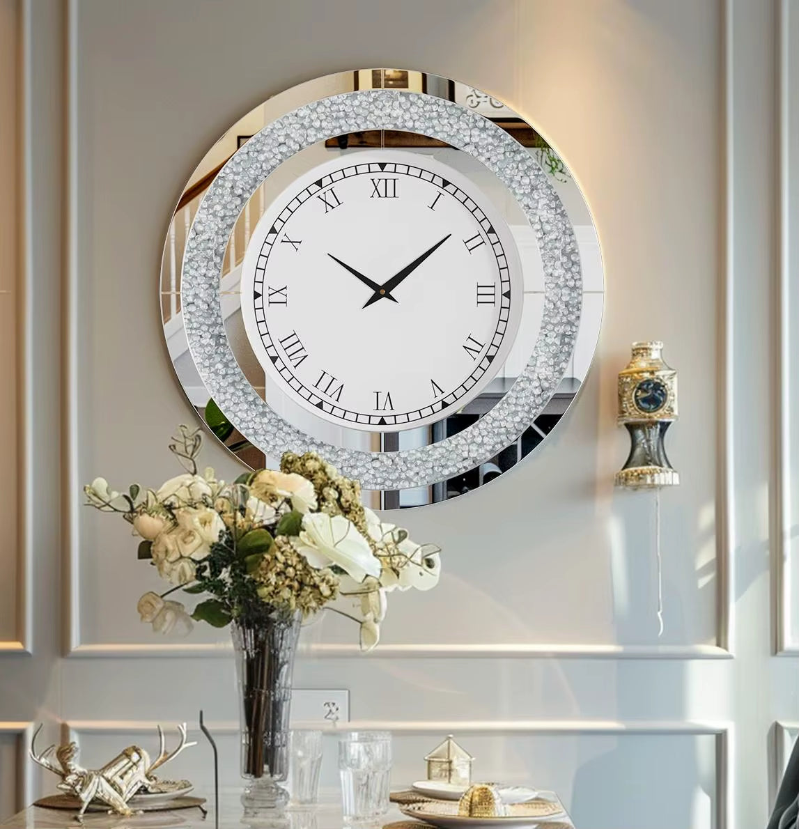 60/80CM Bling Silver round Mirror Clock Glam Sparkle Twinkle Shining Mirrored Wall Clock for Home Decor