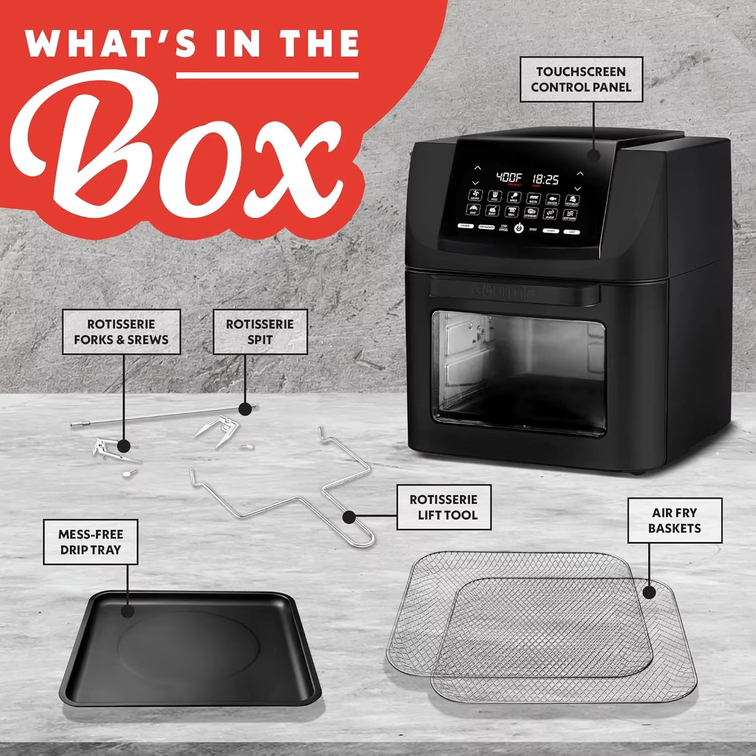 14 Qt Air Fryer Oven with Rotisserie, Digital Display, 12 Presets, Dishwasher Safe Accessories