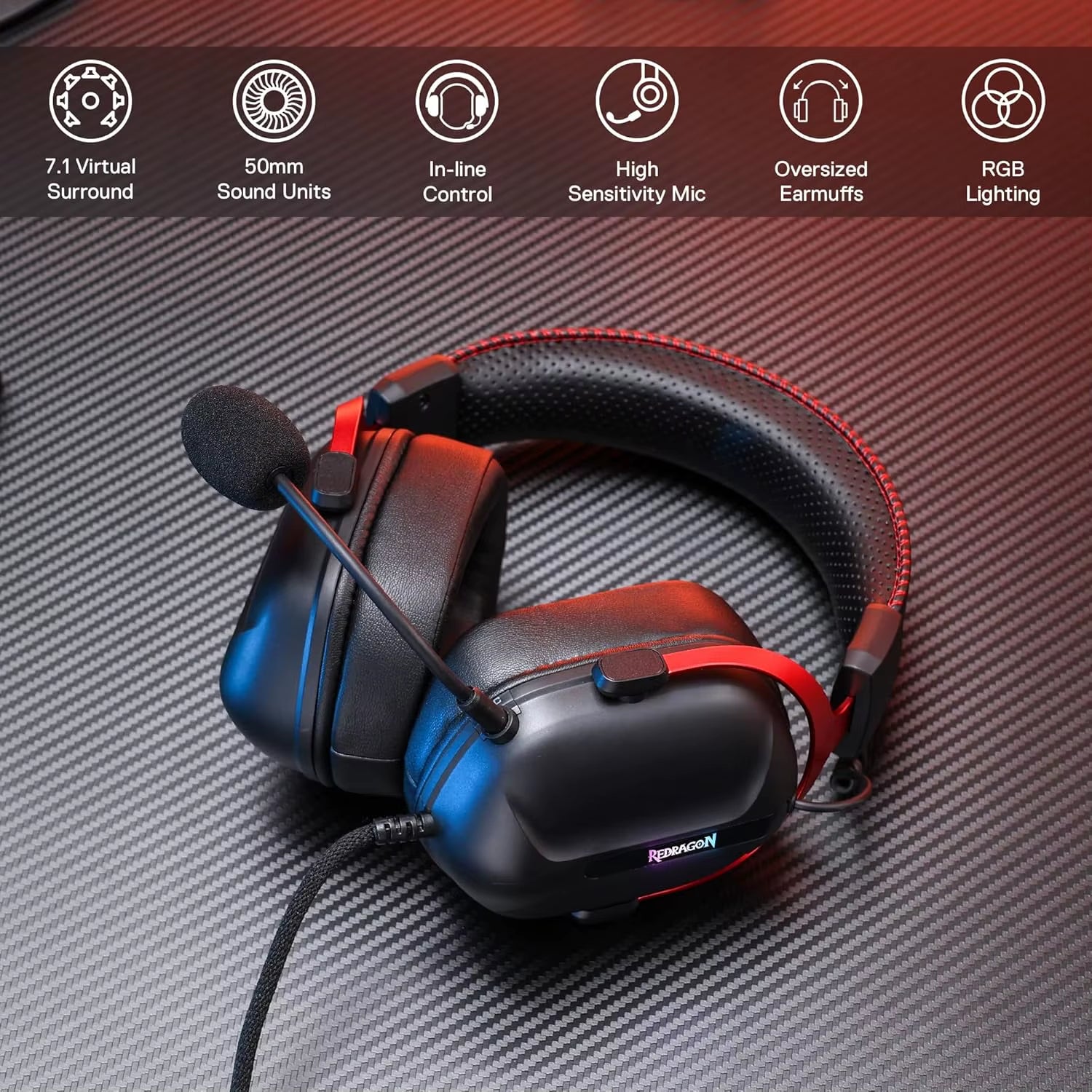H312 Wired Gaming Headset, 7.1 Surround Sound, 50 Mm Drivers, Noise-Canceling Microphone, Over-Ear Headphones
