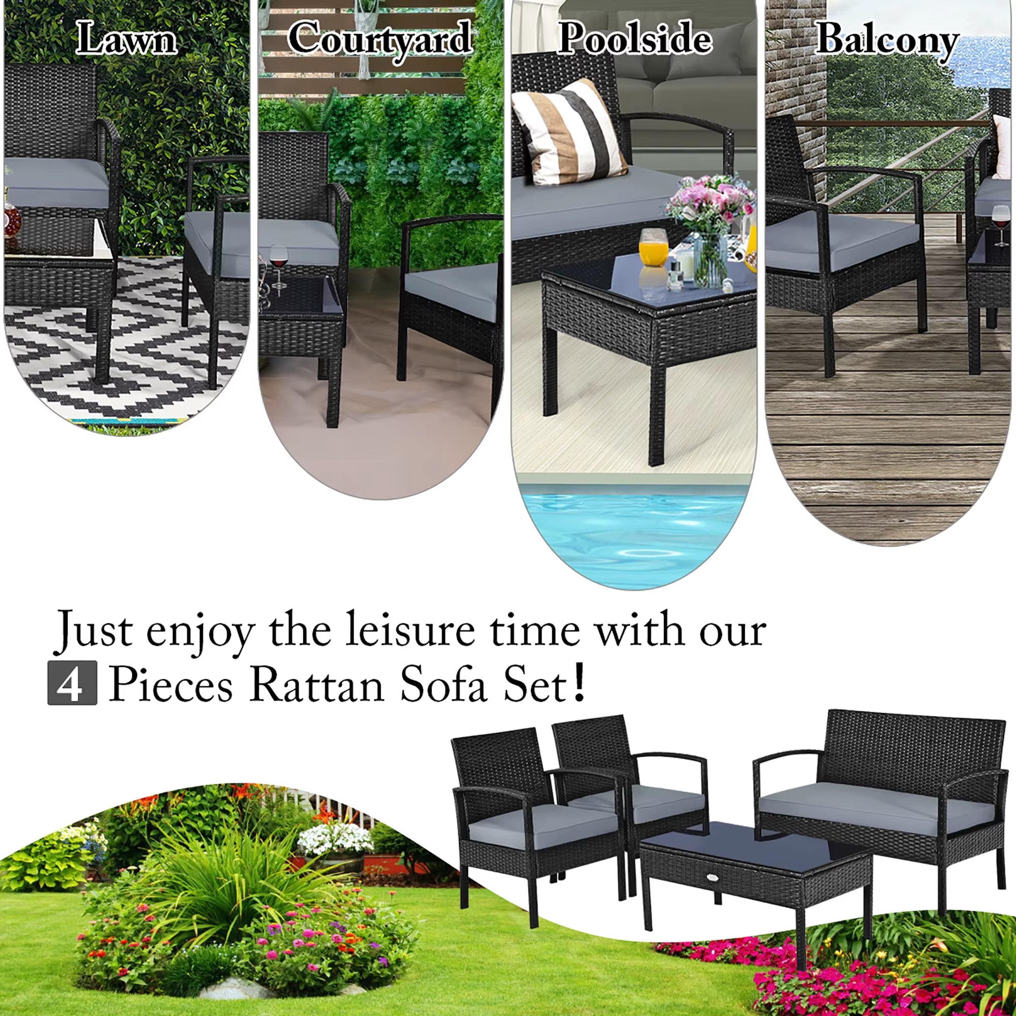4Pcs Outdoor Patio Rattan Wicker Set Table Sofa Cushioned Deck Black