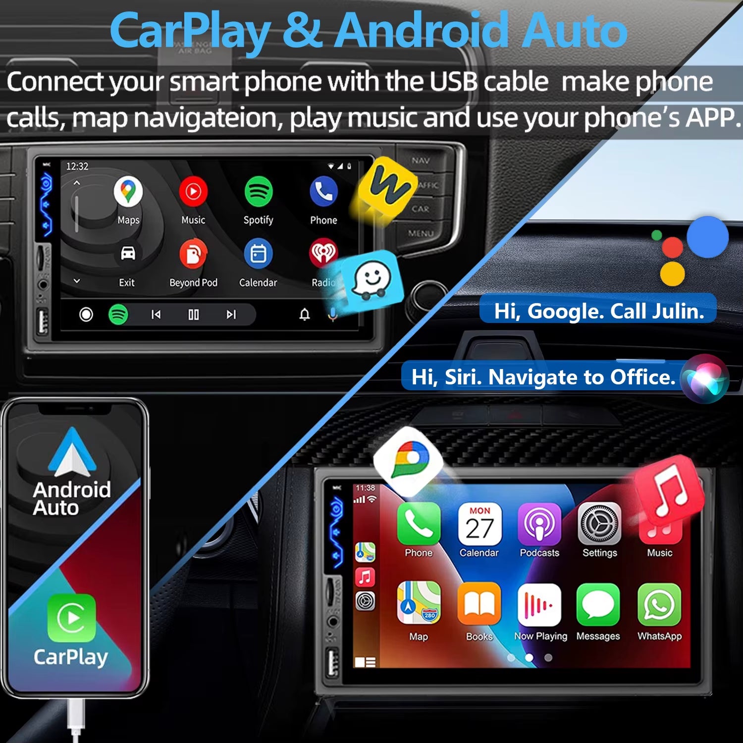 7 Inch HD Touchscreen Car Stereo 2 Din Car Video Player Carplay Android Auto with Bluetooth Rear View Camera USB AUX TF