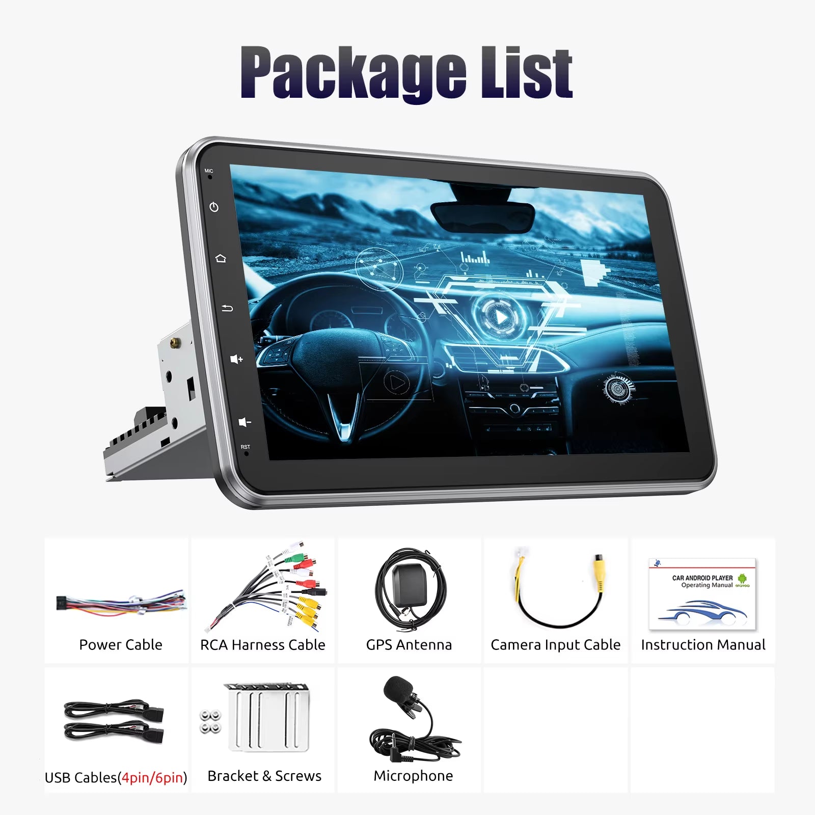 10.1 Inch 4+64GB Rotatable IPS Touchscreen Single 1 DIN Car Stereo Wireless Apple Carplay Android Auto FM Bluetooth GPS