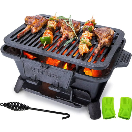 Ironmaster Hibachi Grill, Pre-Seasoned Cast Iron Charcoal Grill with 2 Heights & Air Control, Portable