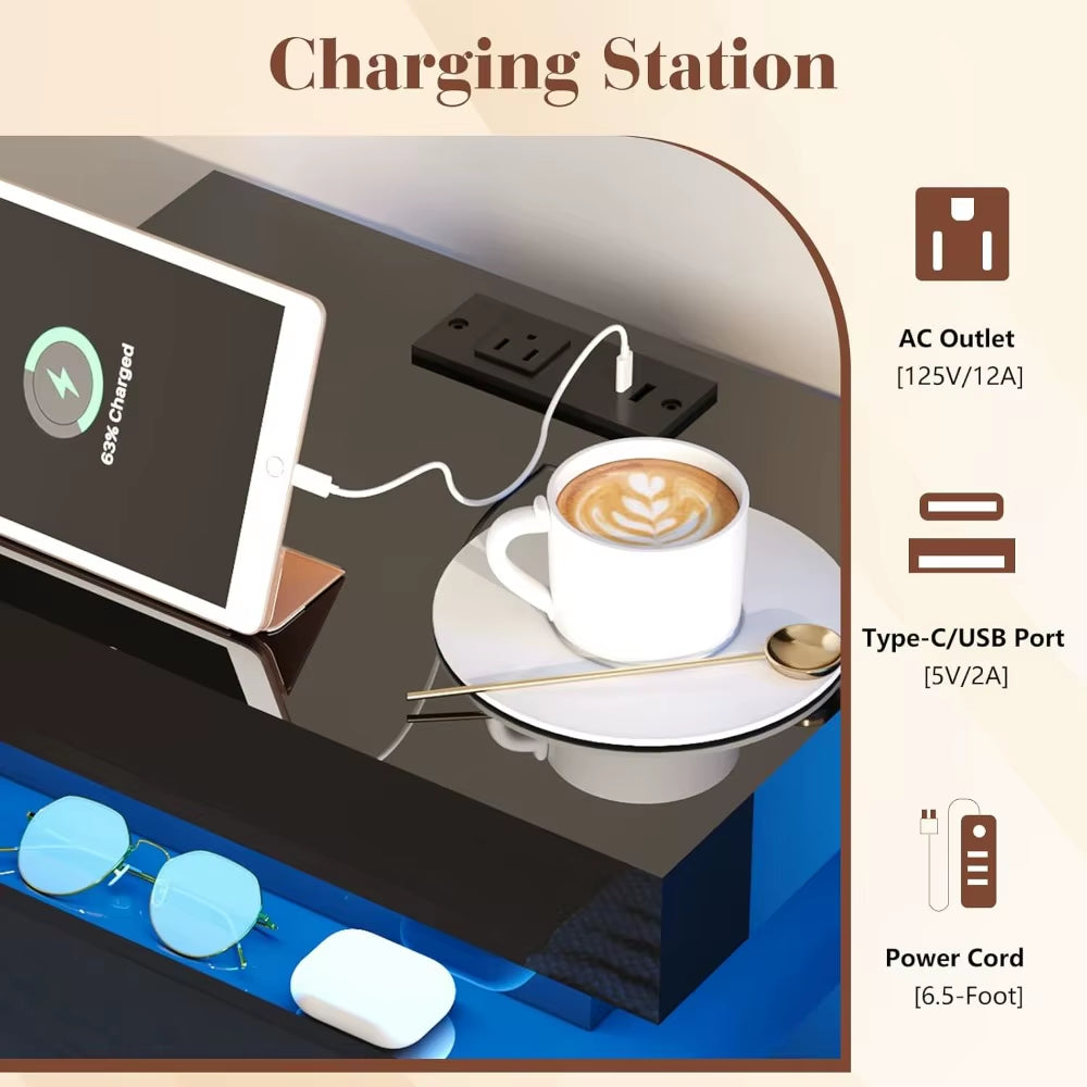 Set of 2 Nightstands with Charging Station and LED Light, Modern Side Table with 2 Drawers and Open Storage Shelf, End Table