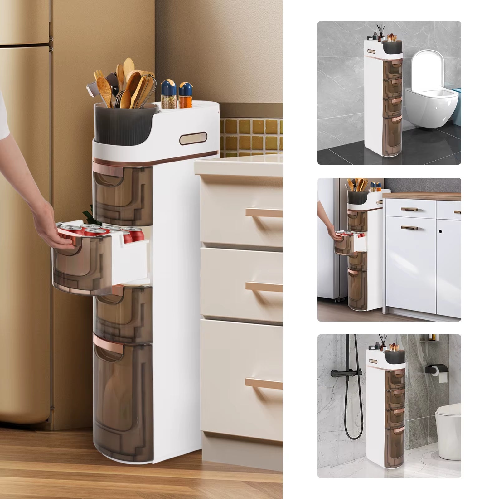 4-Drawer Slim Bathroom Storage Cart Mobile Freestanding PP Organizer White Tawny for Home Office Dorm