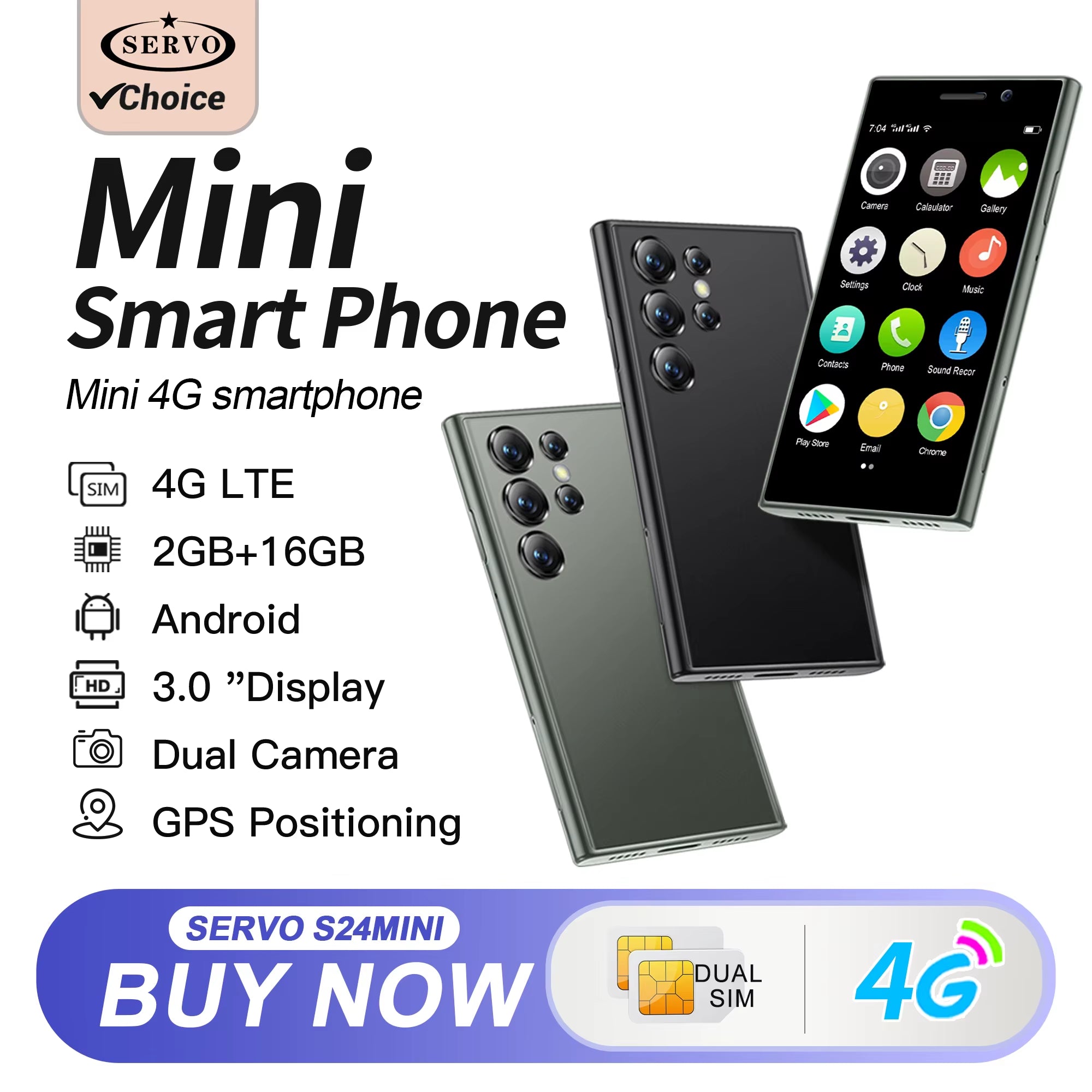 HOT SERVO Mini 4G Network Smartphone with 3.0" Screen, Dual SIM Standby, Android 10.0, 2GB RAM + 16GB Storage, Wi-Fi, GPS, and Face Unlock Feature