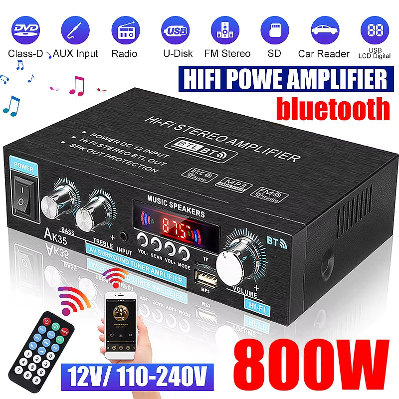 AK35 400W+400W 110-240V Mini Digital Home Car Audio Amplifier Car Subwoofer Amplifier Hifi Stereo Bass Power Bluetooth Speaker