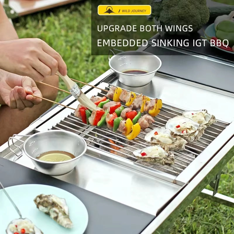 IGT Outdoor Stainless Steel Folding Barbecue Charcoal Grills Portable Camping Small Barbecue Oven Wild Journey