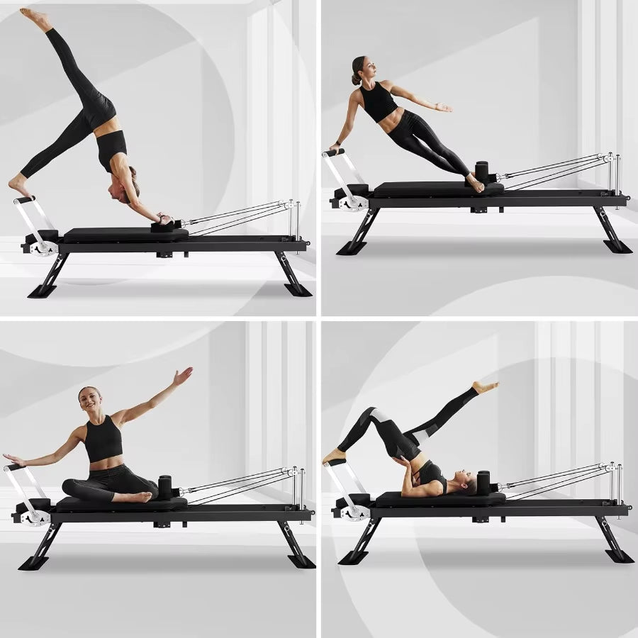 Foldable 78 Pilates Reformer Machine with Springs Cords for Home Workout Heavy Duty Reformer Set in Black up to 400 LBS Capacit