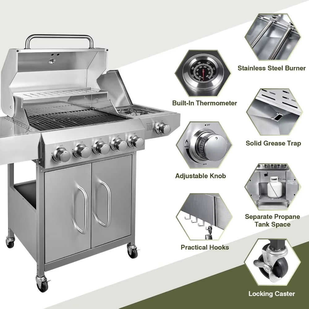68,000 BTU 5 Burner Propane Gas Grill with Side Burner-Professional-Grade Stainless Steel Outdoor BBQ Grill-647 Sq in Cooking Sp