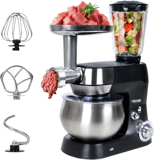 3-In-1 Multifunctional Stand Mixer, 5.3Qt 660W, 6-Speed Tilt-Head with Stainless Steel Bowl, Meat Grinder, Juice Blender