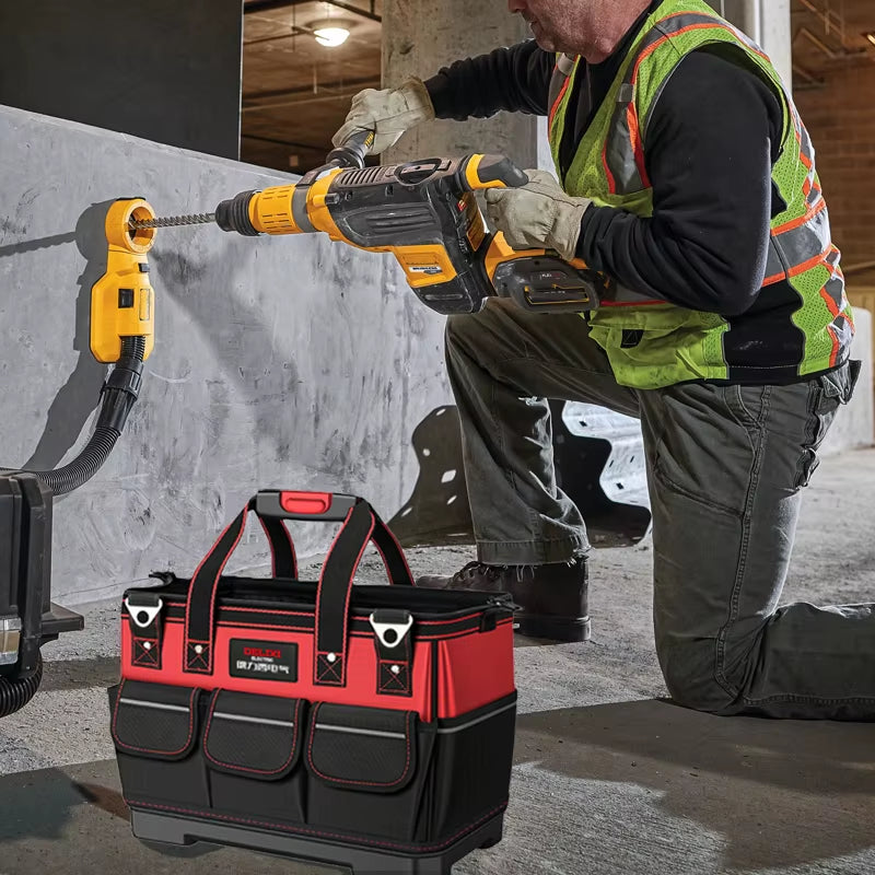 Delixi Professional Electric Tool Storage Bag with Wide Mouth Opening and Durable ABS Hard Molded Base, Ideal for Electricians, Plumbers, and Homeowners