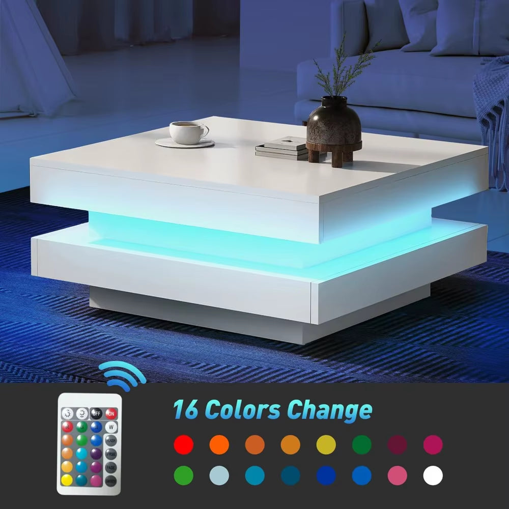 LED Coffee Table for Living Room, 2 Tier Modern Square Middle Center Table, Unique High Gloss Coffee Table with 16 Colors LED