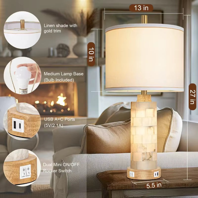 Natural Alabaster and Wood Table Lamp Set of 2 with Night Light Nightstand Lamps with USB Ports White Linen Fabric Shade Bedside