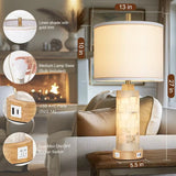 Natural Alabaster and Wood Table Lamp Set of 2 with Night Light Nightstand Lamps with USB Ports White Linen Fabric Shade Bedside