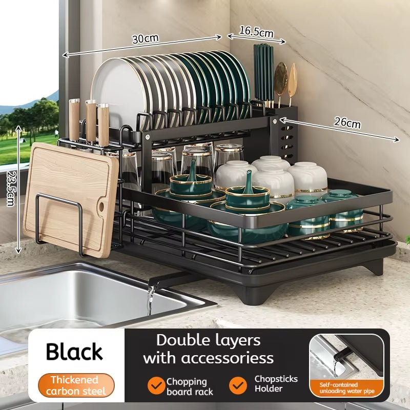 Adjustable Stainless Steel Dish Drying Rack with Drainboard for Over-Sink Plate Organization
