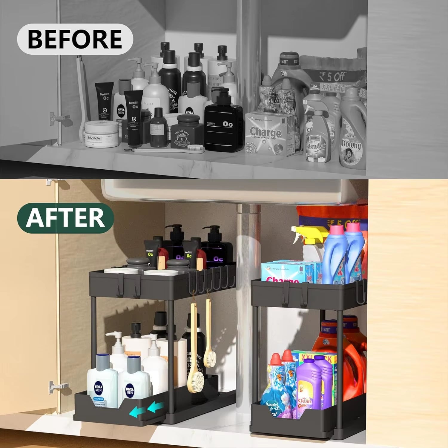 Under-Sink Storage Rack for Bathrooms, Metal Frame Support, Suitable for Bathrooms, Countertops, under Sinks, and Cabinets.