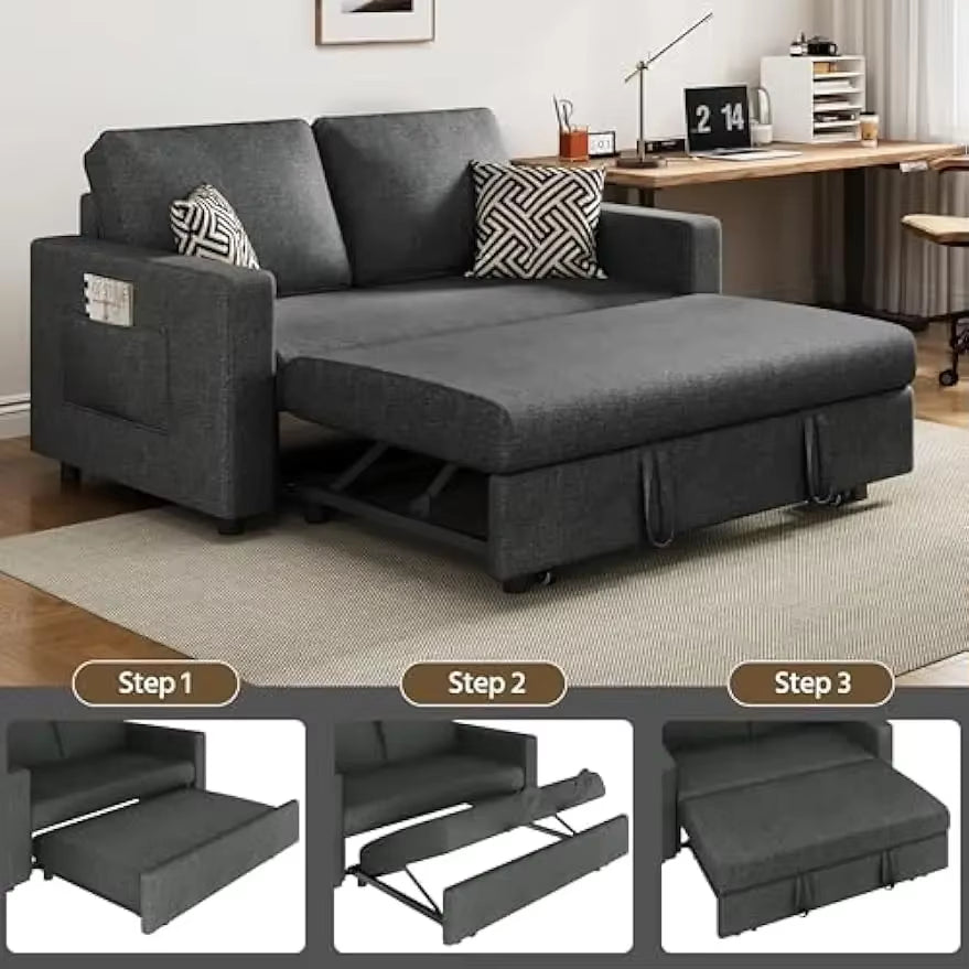 W/Pull-Out Trundle Bed Sleeper Sofa Convertible Couch for Limited Spaces Living Room Bedroom Guest Room Dark Gray 55.5 In