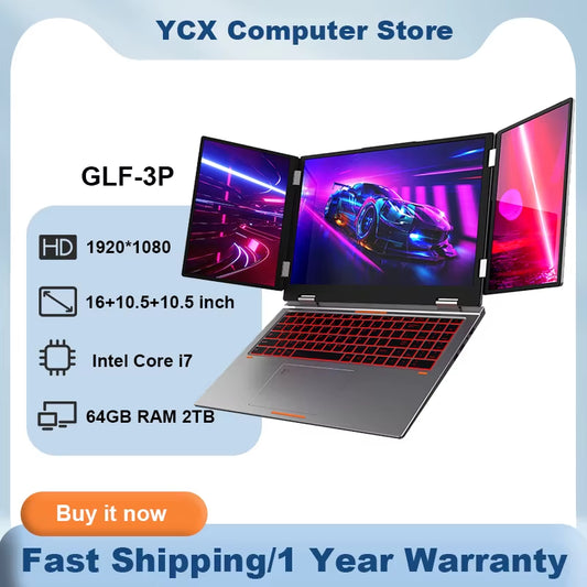 GLF-3P Triple Screen Gaming Laptop 16+10.5+10.5‘’ Touchpad  Core I7 Computer 1260P 64GB RAM 2TB Fingerprint+Face Laptops