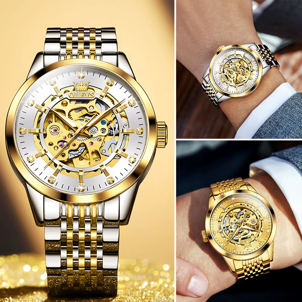 Men'S Watches Luxury Gold Skeleton Automatic Mechanical Wrist Watch for Man Waterproof Stainless Steel Luminous Business