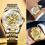 Men'S Watches Luxury Gold Skeleton Automatic Mechanical Wrist Watch for Man Waterproof Stainless Steel Luminous Business